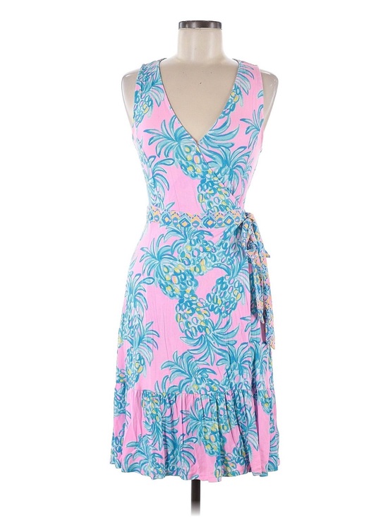 Lilly Pulitzer Dresses & Skirts - Lilly Pulitzer Pink Tropical Wrap Dress with Teal Pineapple Print